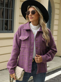 Plaid Collared Neck Long Sleeve Jacket Trandify Deal