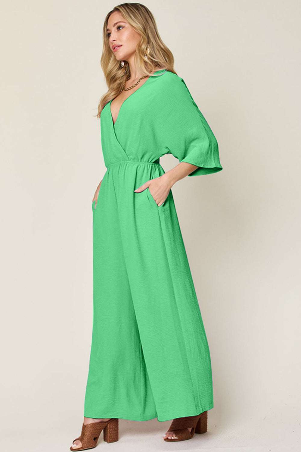 Double Take Full Size Surplice Wide Leg Jumpsuit with Pockets Trandify Deal