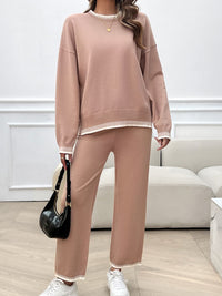 Devine Round Neck Dropped Shoulder Top and Pants Sweater Set Trandify Deal