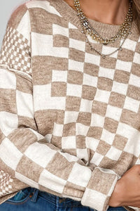 Checkered Round Neck Long Sleeve Sweater - Trandify Deal