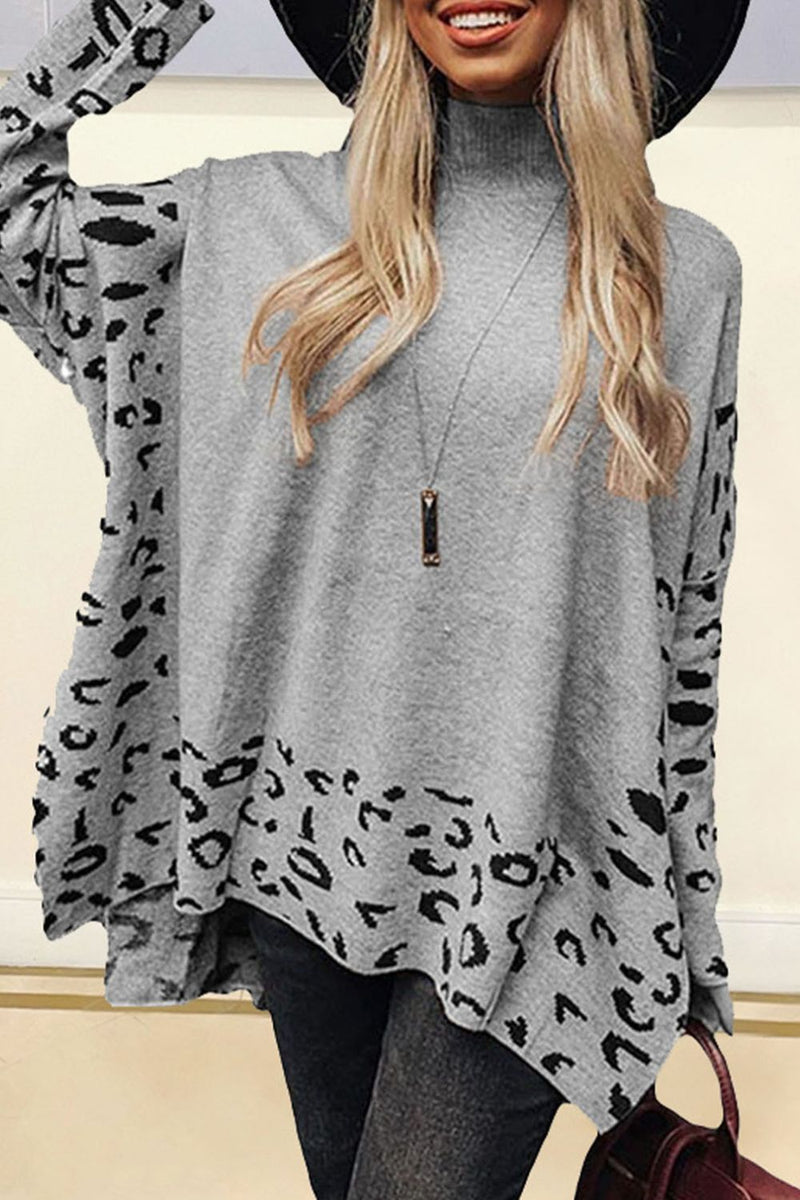 Slit Leopard Mock Neck Dropped Shoulder Sweater Trandify Deal