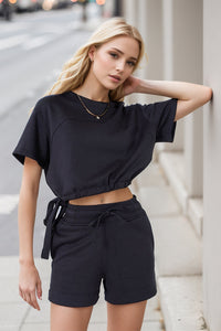 Basic Bae Drawstring Hem Air Scuba Round Neck Short Sleeve T-Shirt Trandify Deal