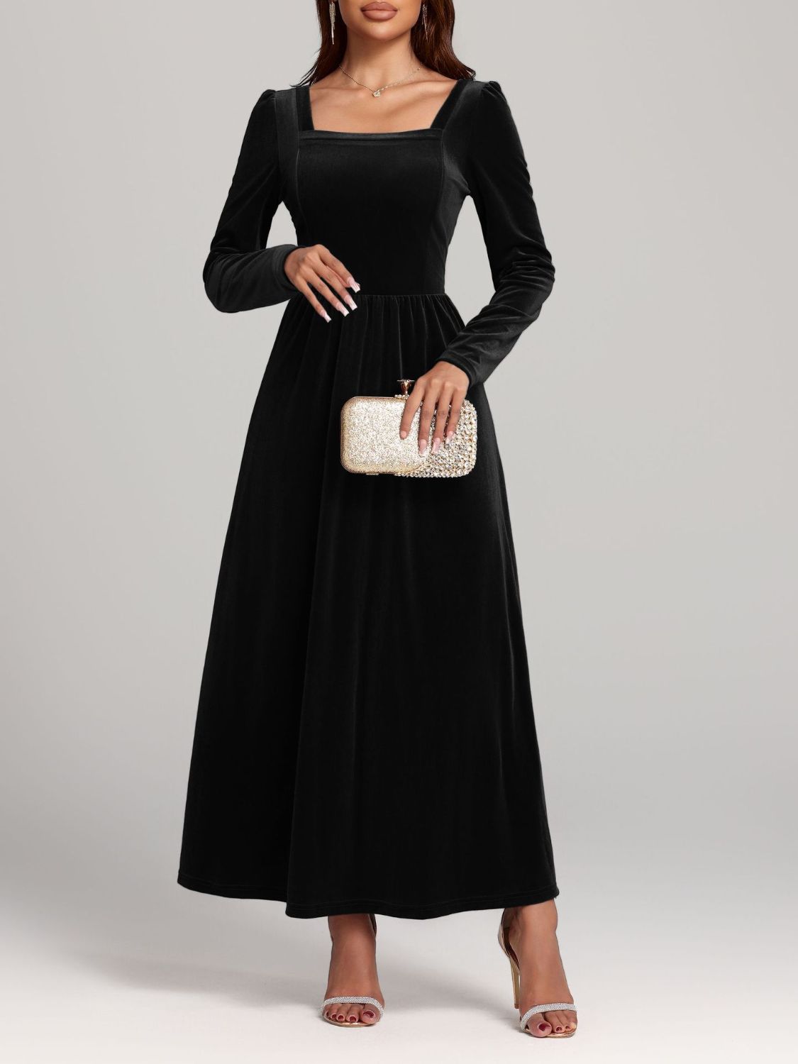 Velvet Square Neck Long Sleeve Dress Trandify Deal