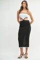 MABLE Ribbed Knit Color Block Cutout Midi Dress worn by a model, showcasing the side cutout detail and midi length.
