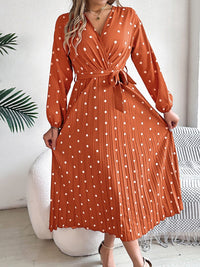 Tied Polka Dot Long Sleeve Midi Dress Trandify deal