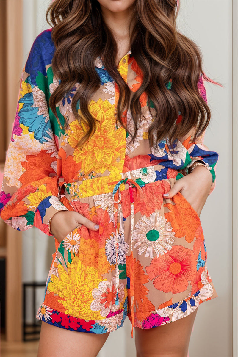 Printed Button Up Long Sleeve Top and Shorts Set Trandify Deal