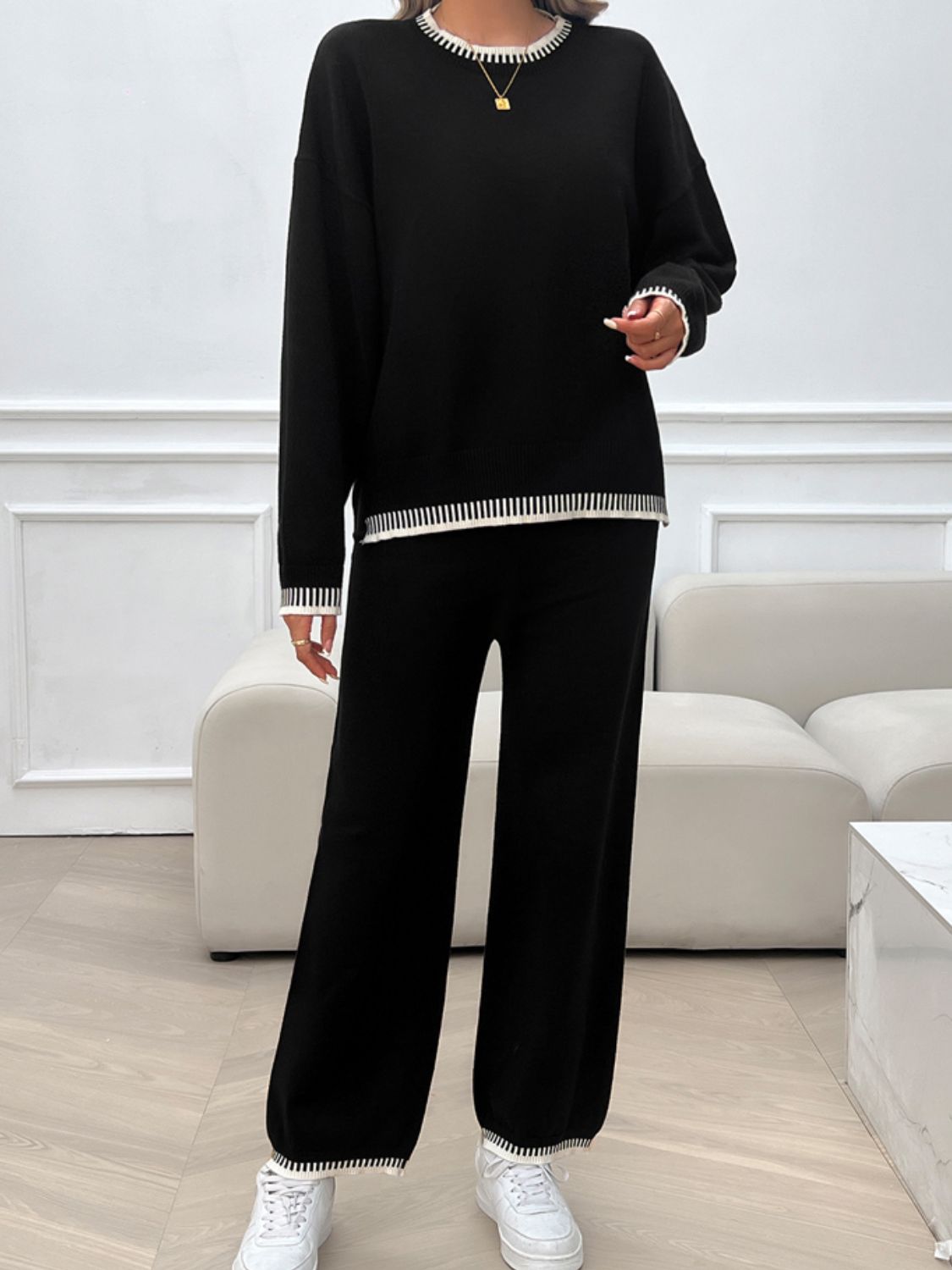 Devine Round Neck Dropped Shoulder Top and Pants Sweater Set Trandify Deal
