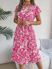 Tied Pleated Printed Short Sleeve Dress Trandify deal