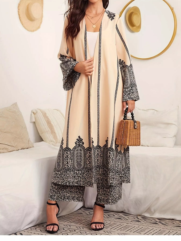 Printed Open Front Cardigan and Pants Set - Loungewear