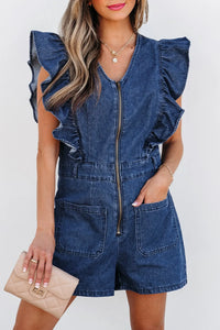 Women’s Blue Denim Romper with Ruffles & Zip Front – TrandifyDeal