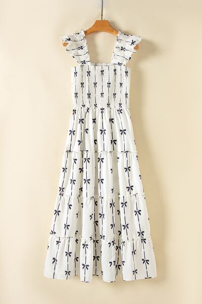 Women’s Floral Bow Print Smocked Maxi Dress – Square Neck Ruffle Tiered Summer Dress for Vacations & Weddings