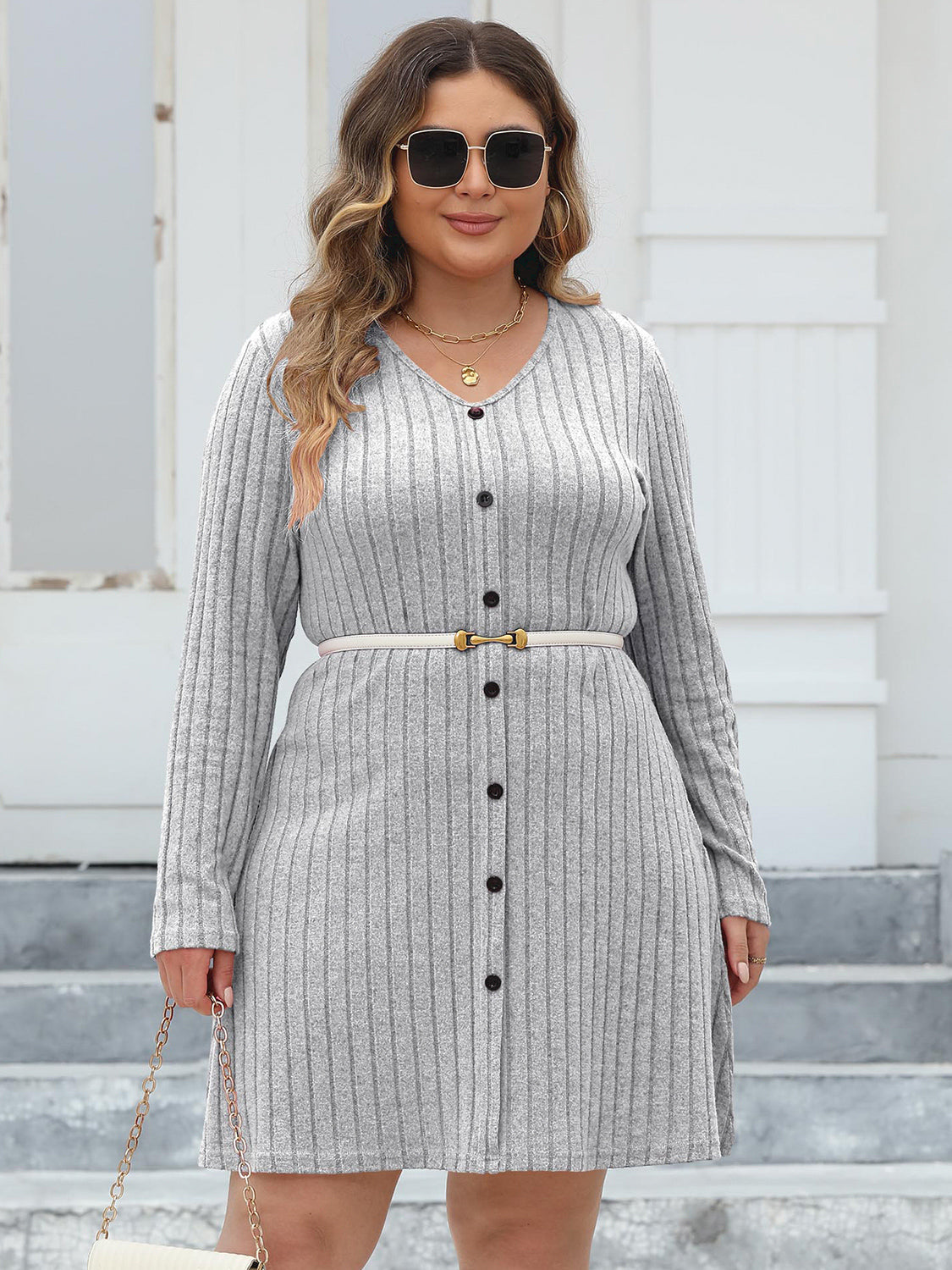 Plus Size Ribbed Buttoned V-Neck Long Sleeve Dress Trandify deal
