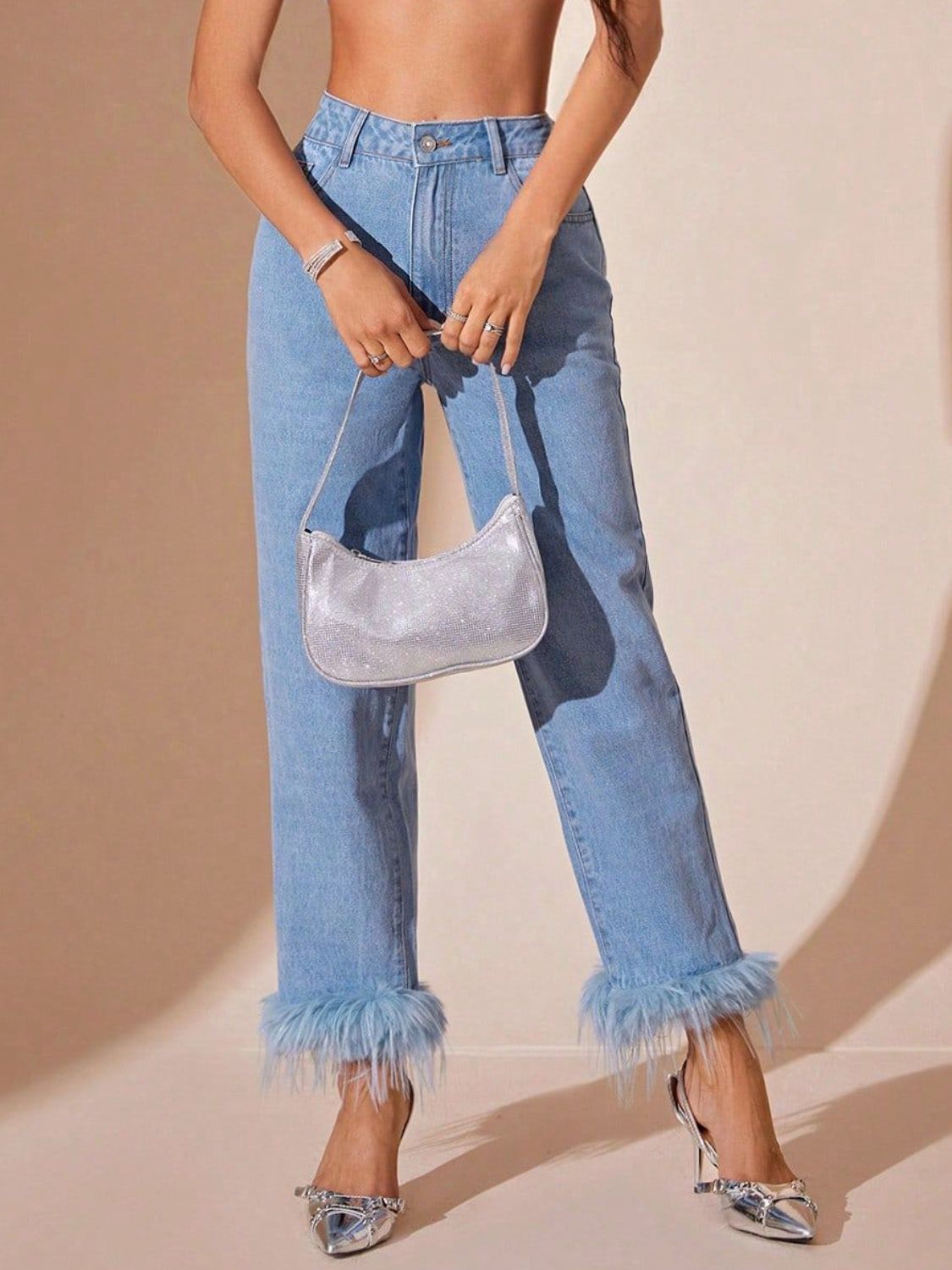 Plush Hem High Rise Straight Jeans - Trandify Deal