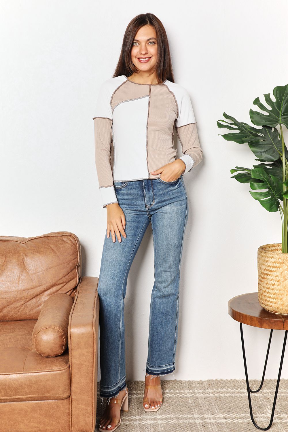 Double Take Color Block Exposed Seam Top Trandify Deal