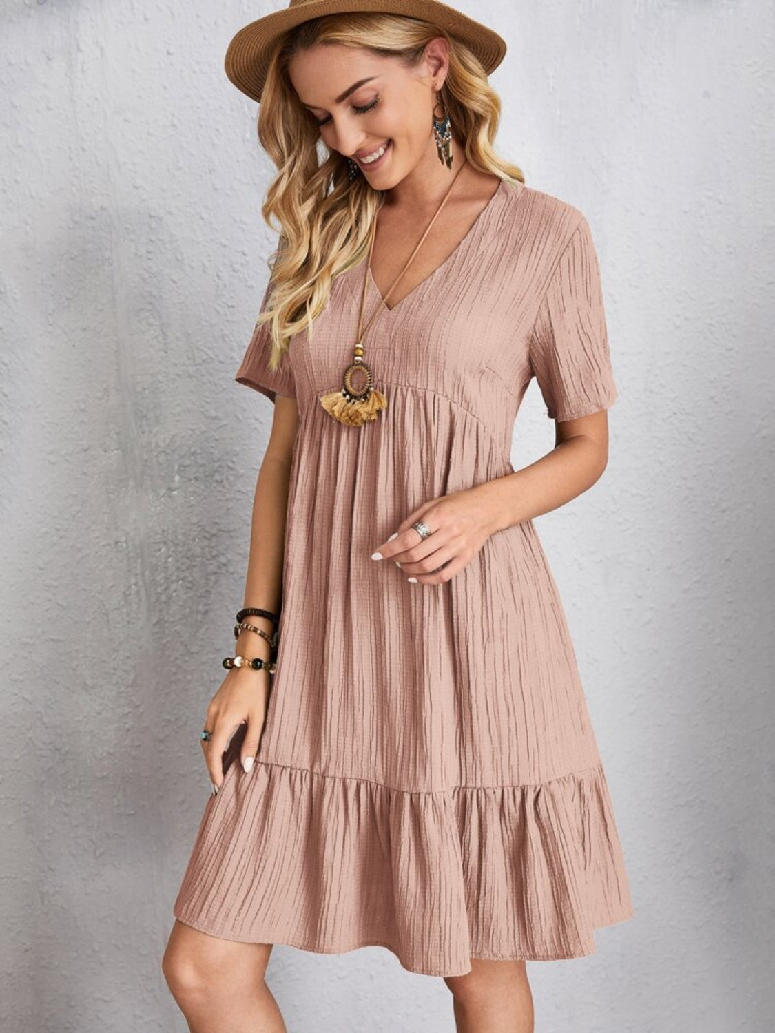 Full Size V-Neck Short Sleeve Dress Trandify deal