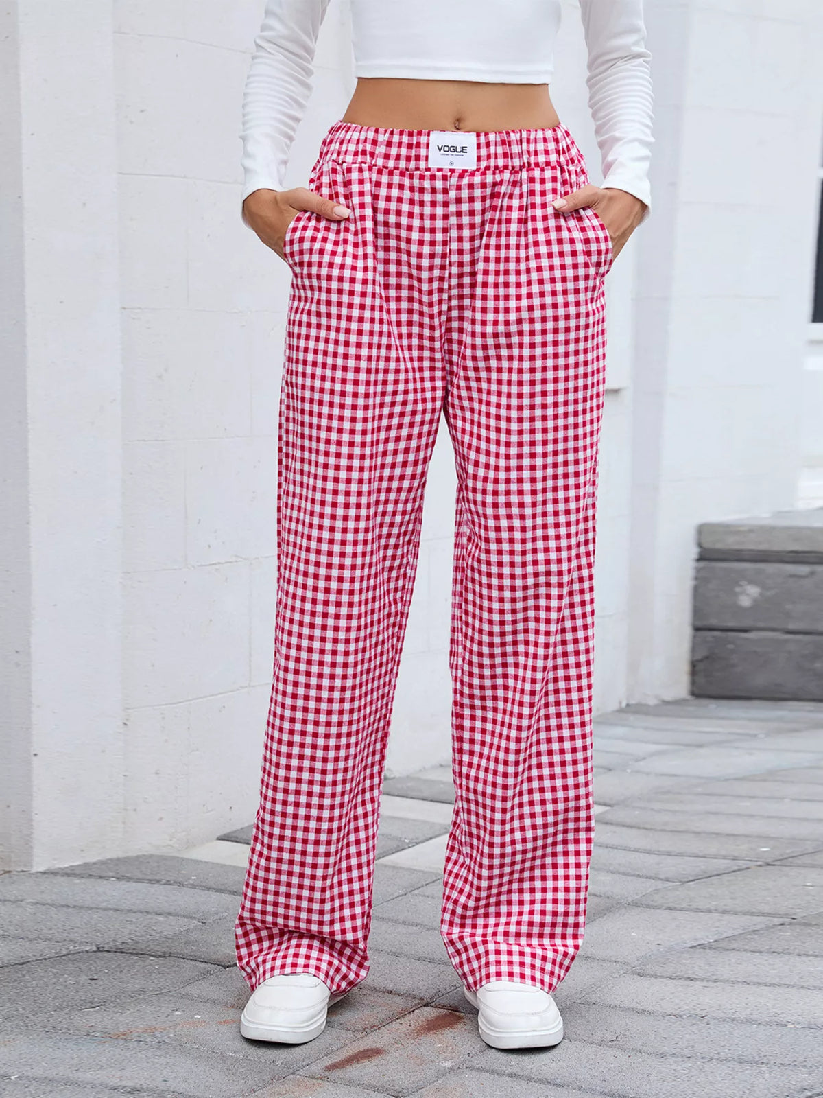 Women's Plaid Wide Leg Cotton Pants