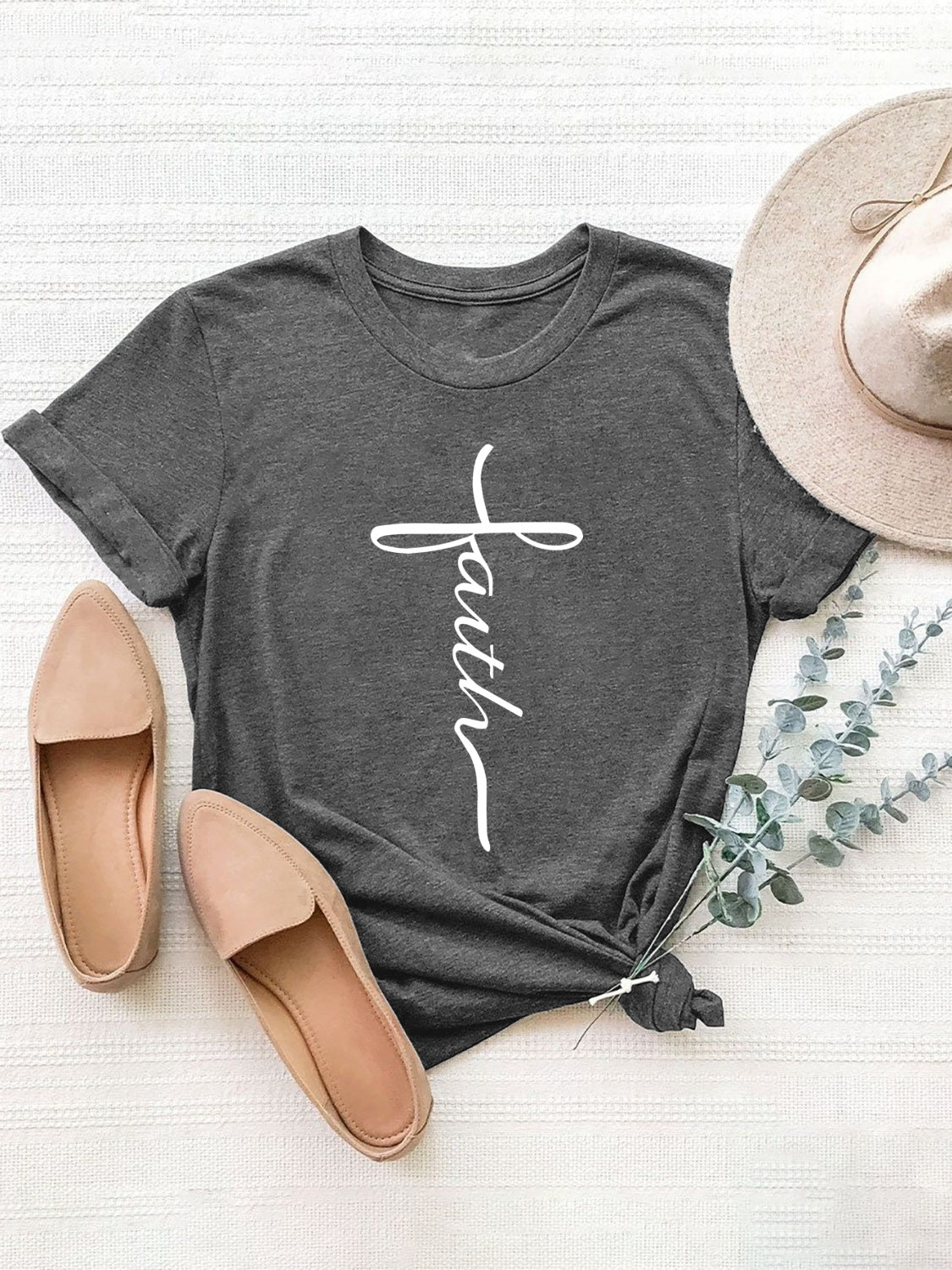Letter Graphic Round Neck Short Sleeve T-Shirt Trandify Deal