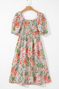 Floral Smocked Square Neck Puff Sleeve Midi Dress for Women – Summer Outfit USA