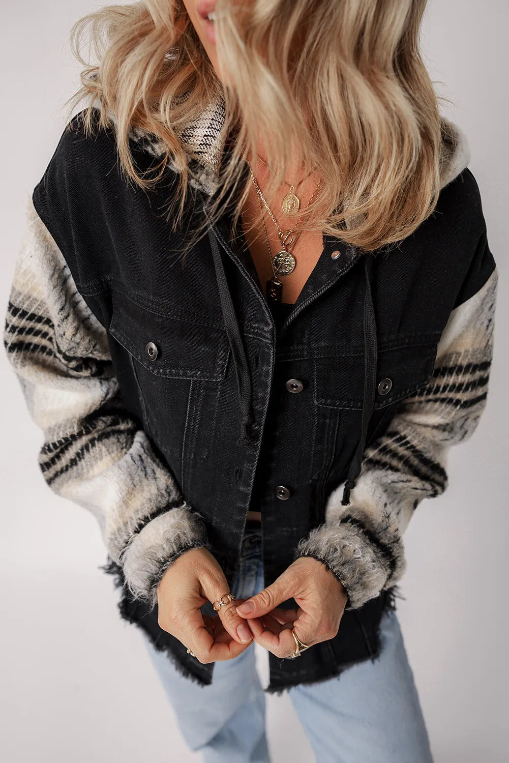 Drawstring Raw Hem Button Up Hooded Denim Jacket Trandify Deal