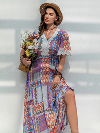Plus Size Printed Lace Detail Short Sleeve Dress Trandify deal