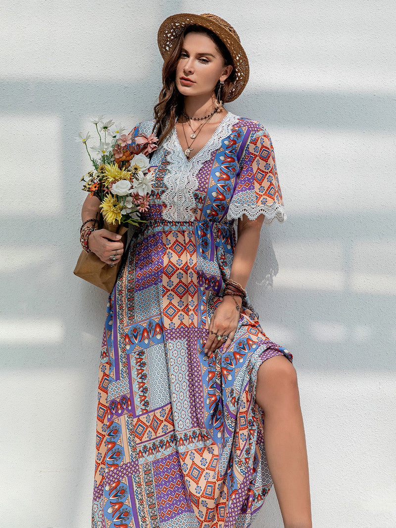 Plus Size Printed Lace Detail Short Sleeve Dress Trandify deal