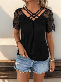 Perfee Lace Detail V-Neck Short Sleeve T-Shirt Trandify deal