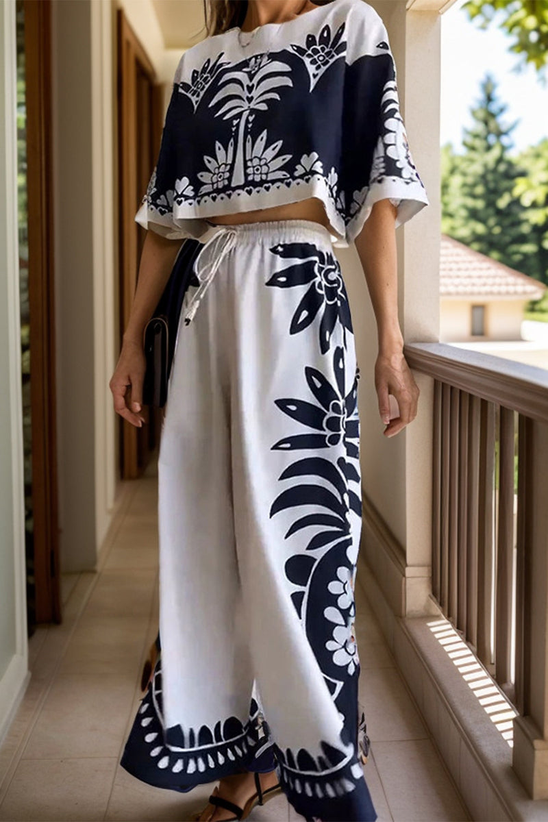 Printed Half Sleeve Top and Wide Leg Pants Set Trandify Deal