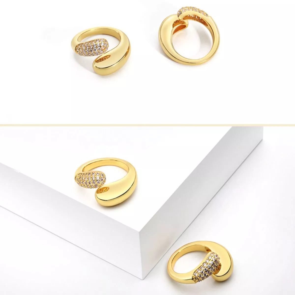 18K Gold Plated Open Ring with Crystal on a model's hand, showcasing its stackable design