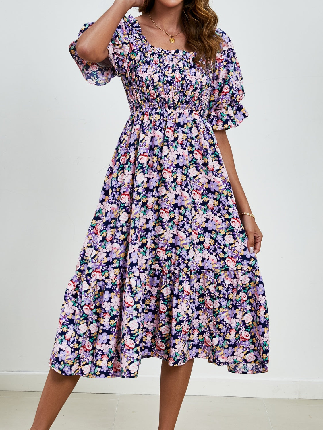 Smocked Floral Square Neck Short Sleeve Dress Trandify deal