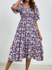 Smocked Floral Square Neck Short Sleeve Dress Trandify deal