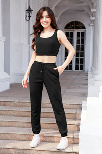 Waffle-Knit Cropped Tank and Drawstring Pants Set Trandify deal