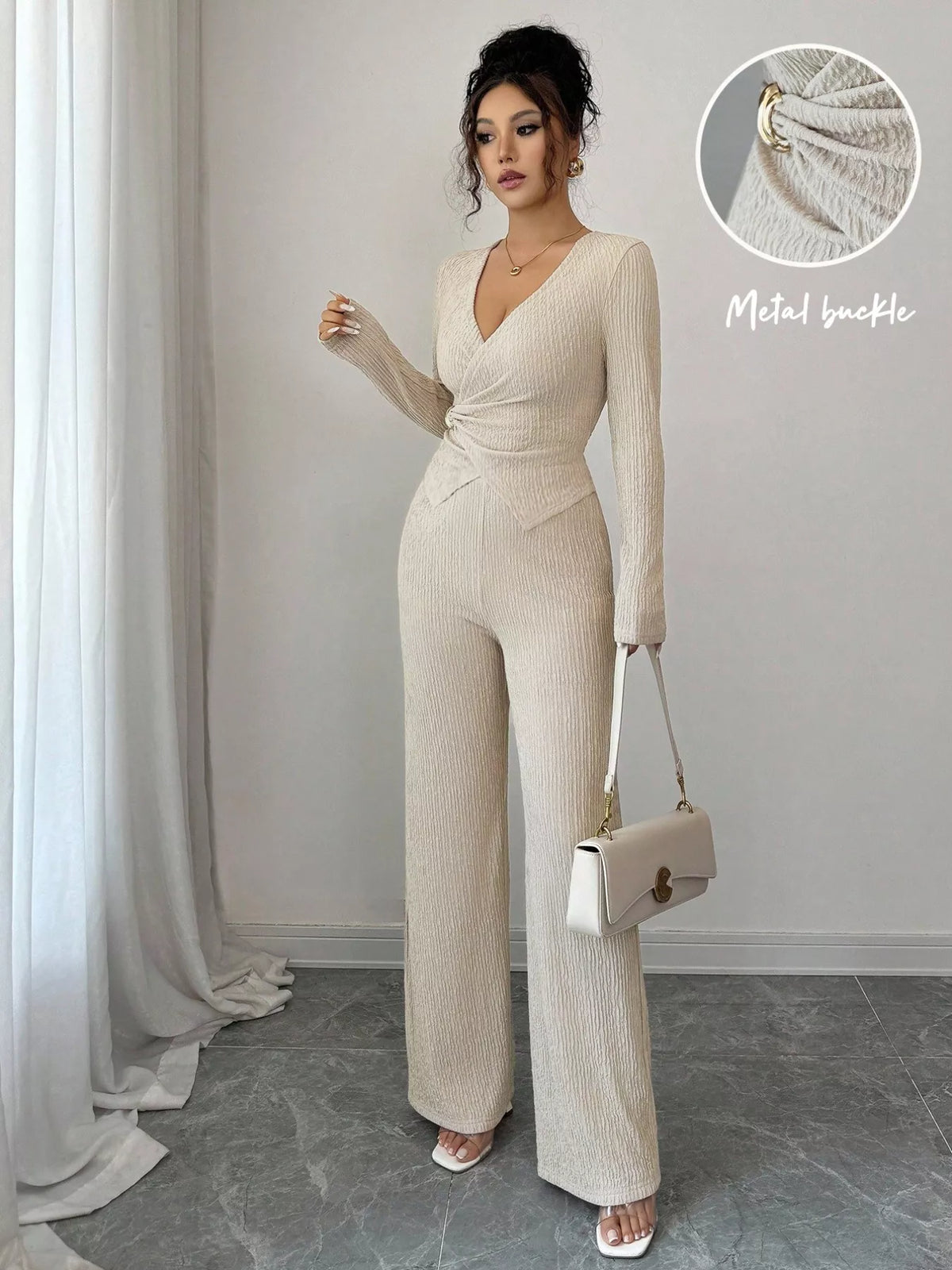 Metal Buckle Long Sleeve Two-Piece Set - Bow Detail