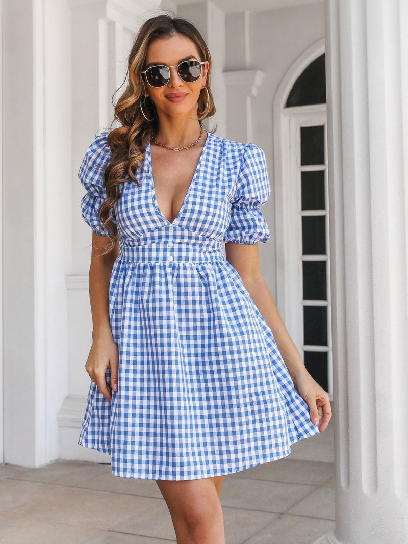 Decorative Button Plaid Short Sleeve Dress Trandify Deal