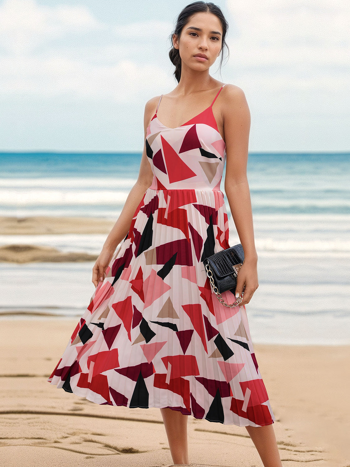 Perfee Pleated Geometric Spaghetti Strap Dress Trandify deal