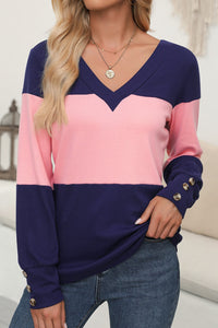 Color Block V-Neck Long Sleeve Top Trandify Deal