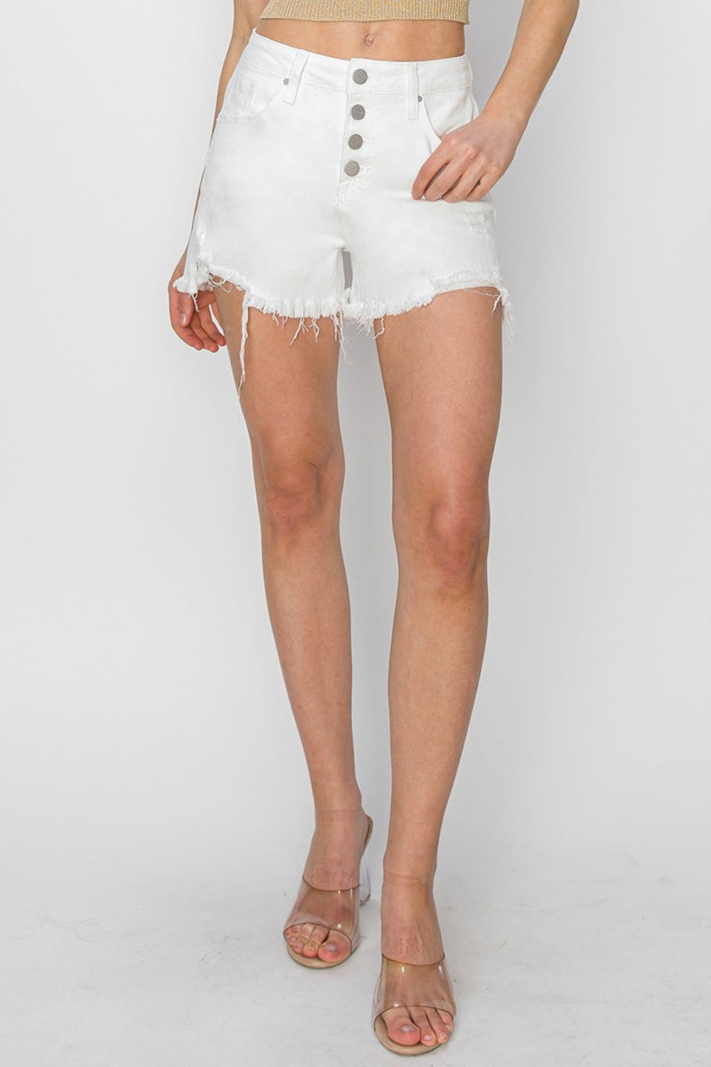 RISEN Button Fly Frayed Hem Denim Shorts Trandify deal