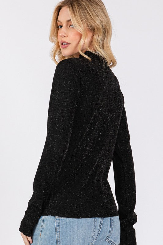 SAGE + FIG Glitter Mock Neck Lettuce Hem Long Sleeve Top Trandify Deal