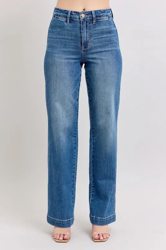 Judy Blue High Waist Straight Leg Jeans with contrast white thread detail