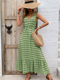 Perfee Printed V-Neck Tie Waist Midi Dress - Trandify Deal
