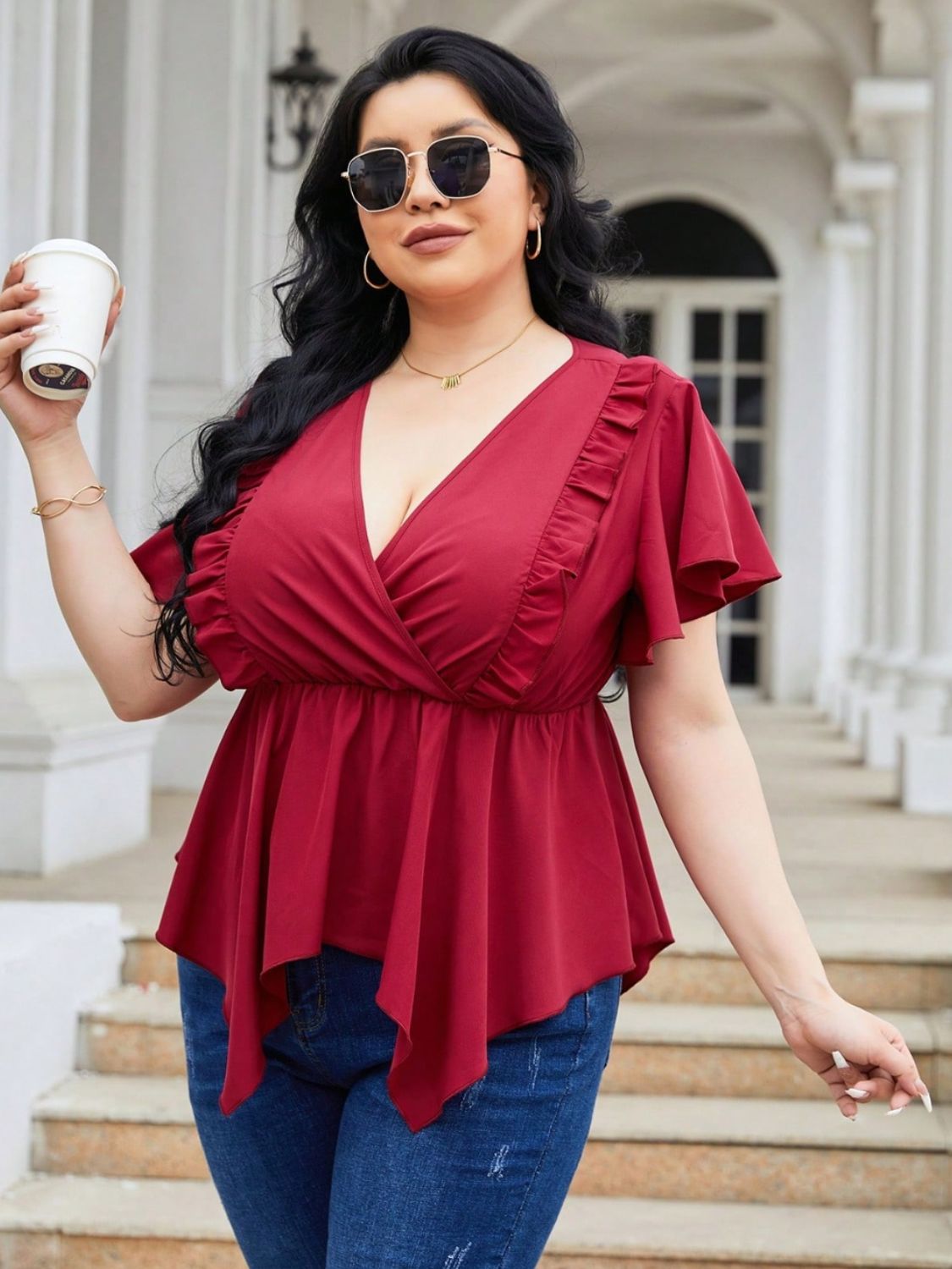 Plus Size Frill Surplice Flutter Sleeve Blouse Trandify deal