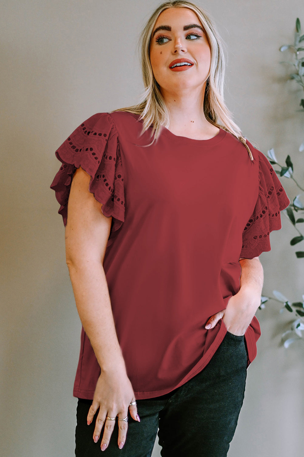 Plus Size Eyelet Round Neck Short Sleeve Blouse Trandify deal