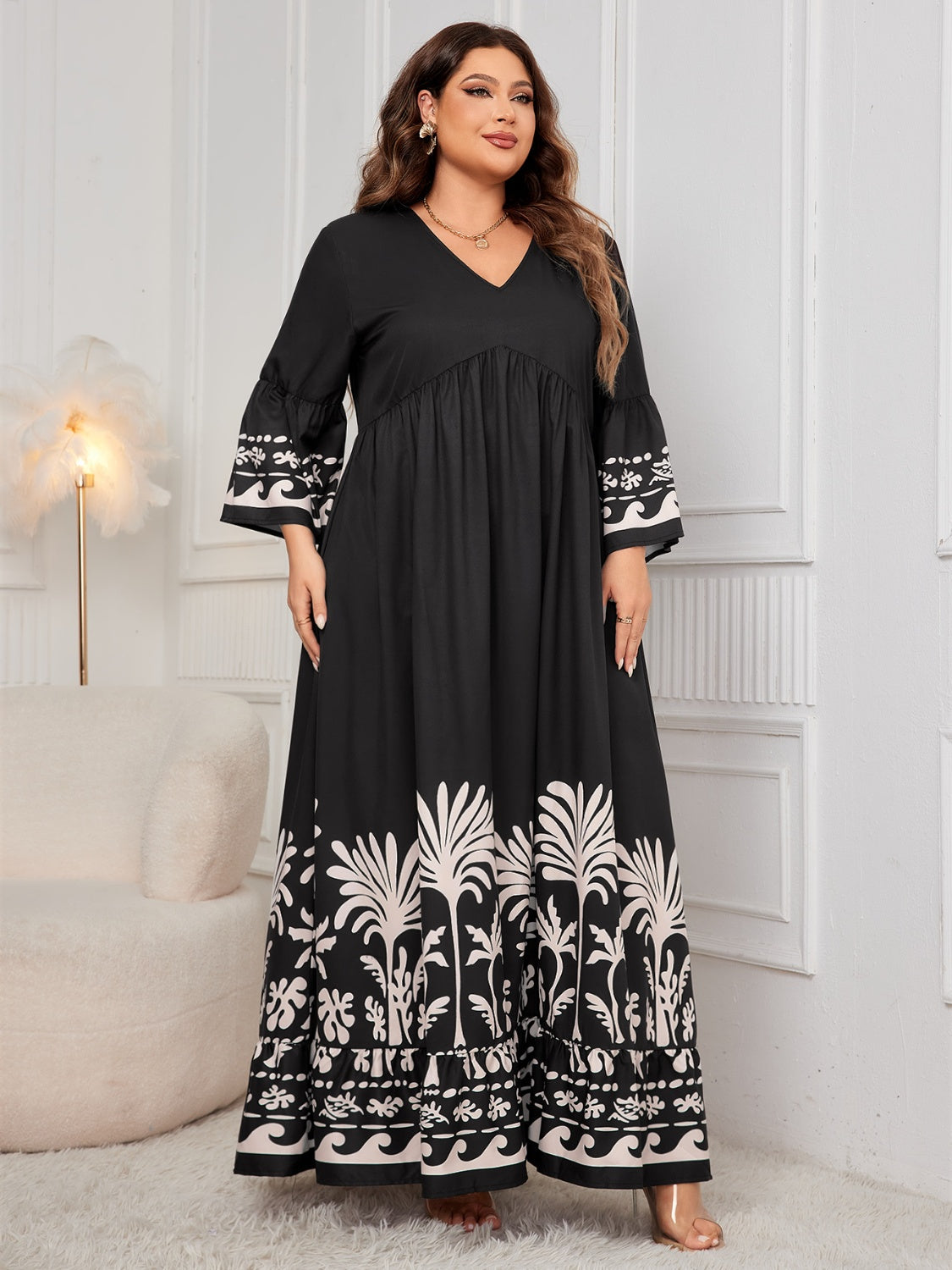 Plus Size Printed V-Neck Long Sleeve Maxi Dress Trandify Deal