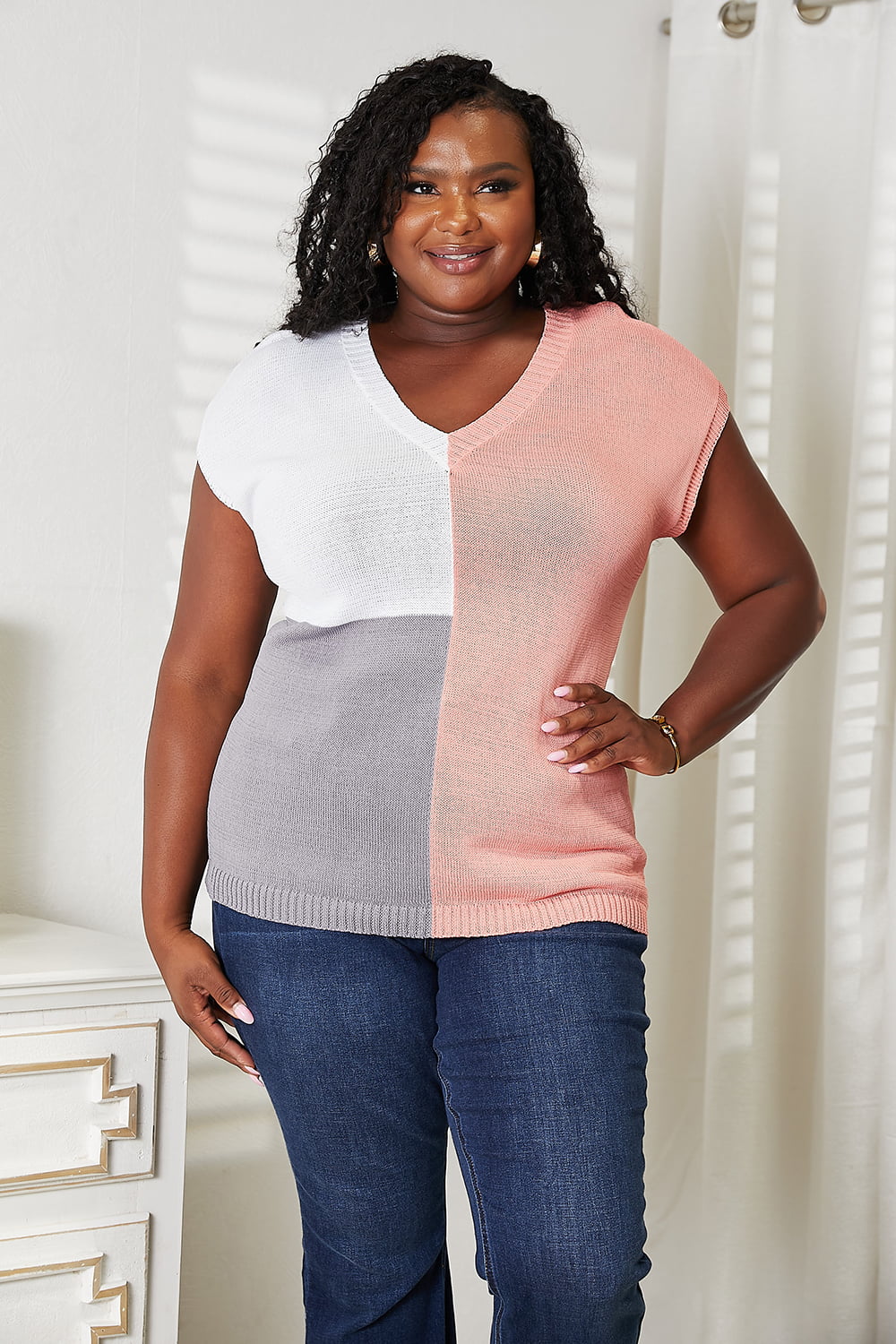 Color Block V-Neck Knit Top Trandify deal