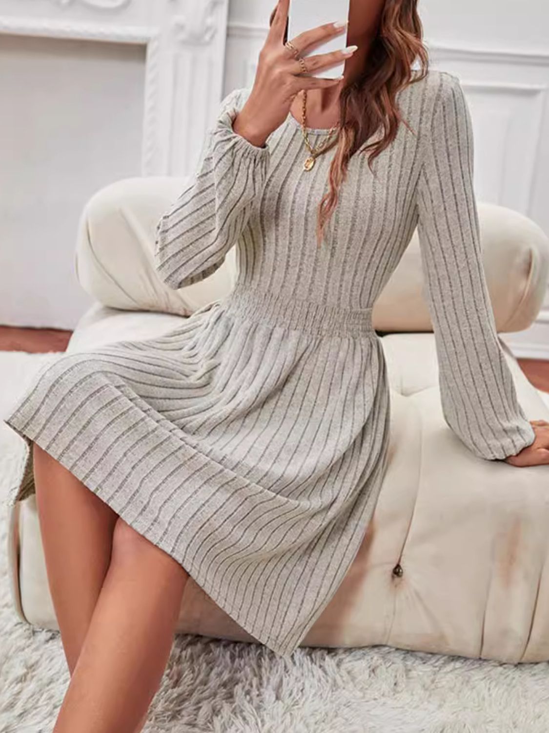 Smocked Round Neck Long Sleeve Knee Length Dress Trandify Deal