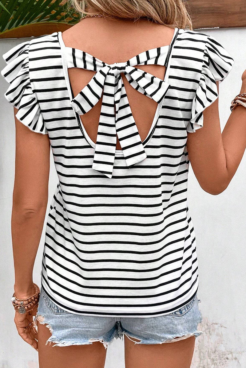 Tied Striped V-Neck Cap Sleeve T-Shirt Trandify deal