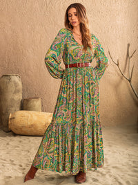 Printed Tie Neck Long Sleeve Dress Trandify Deal