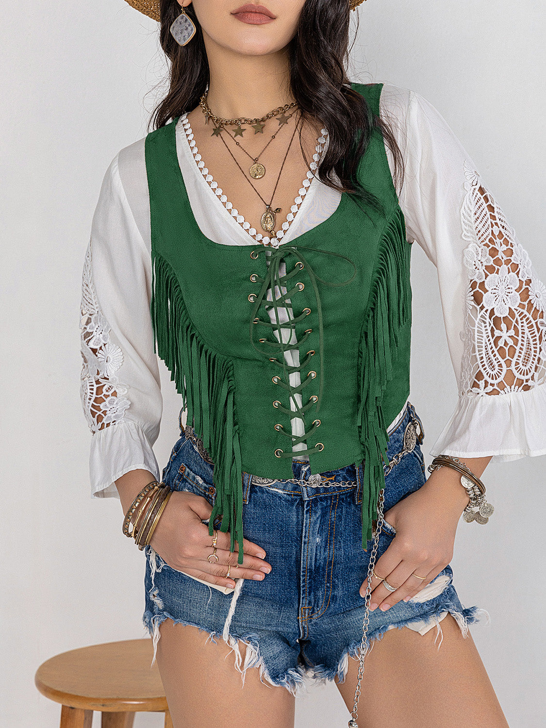 Fringe Lace-Up Wide Strap Tank Trandify Deal