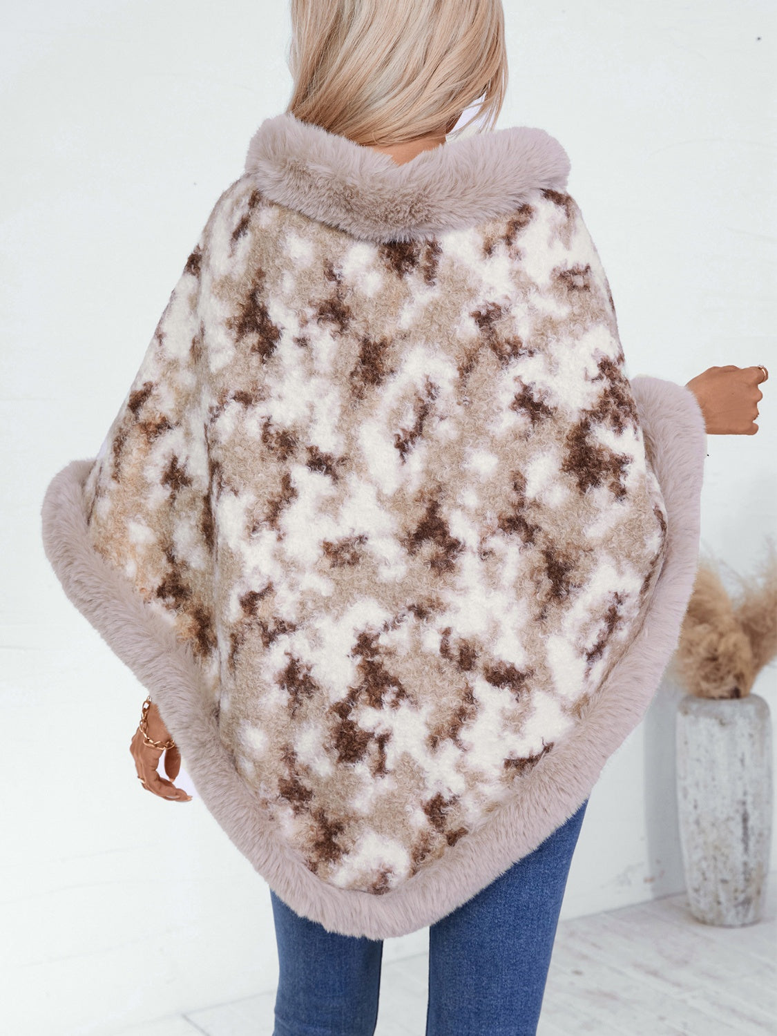 Furry Contrast Three-Quarter Poncho Trandify Deal