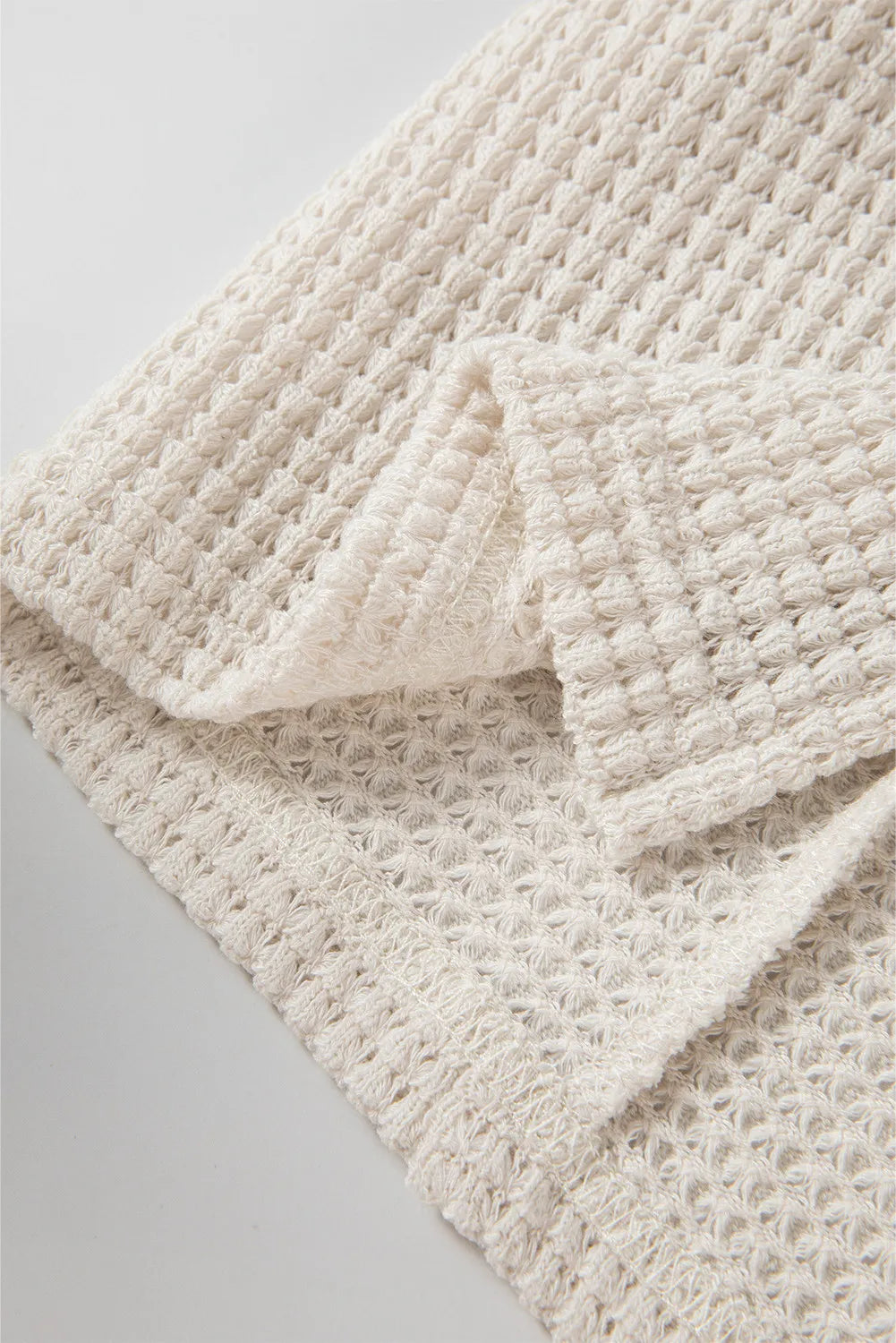 Waffle-Knit Slit Round Neck Long Sleeve Top - Trandify Deal