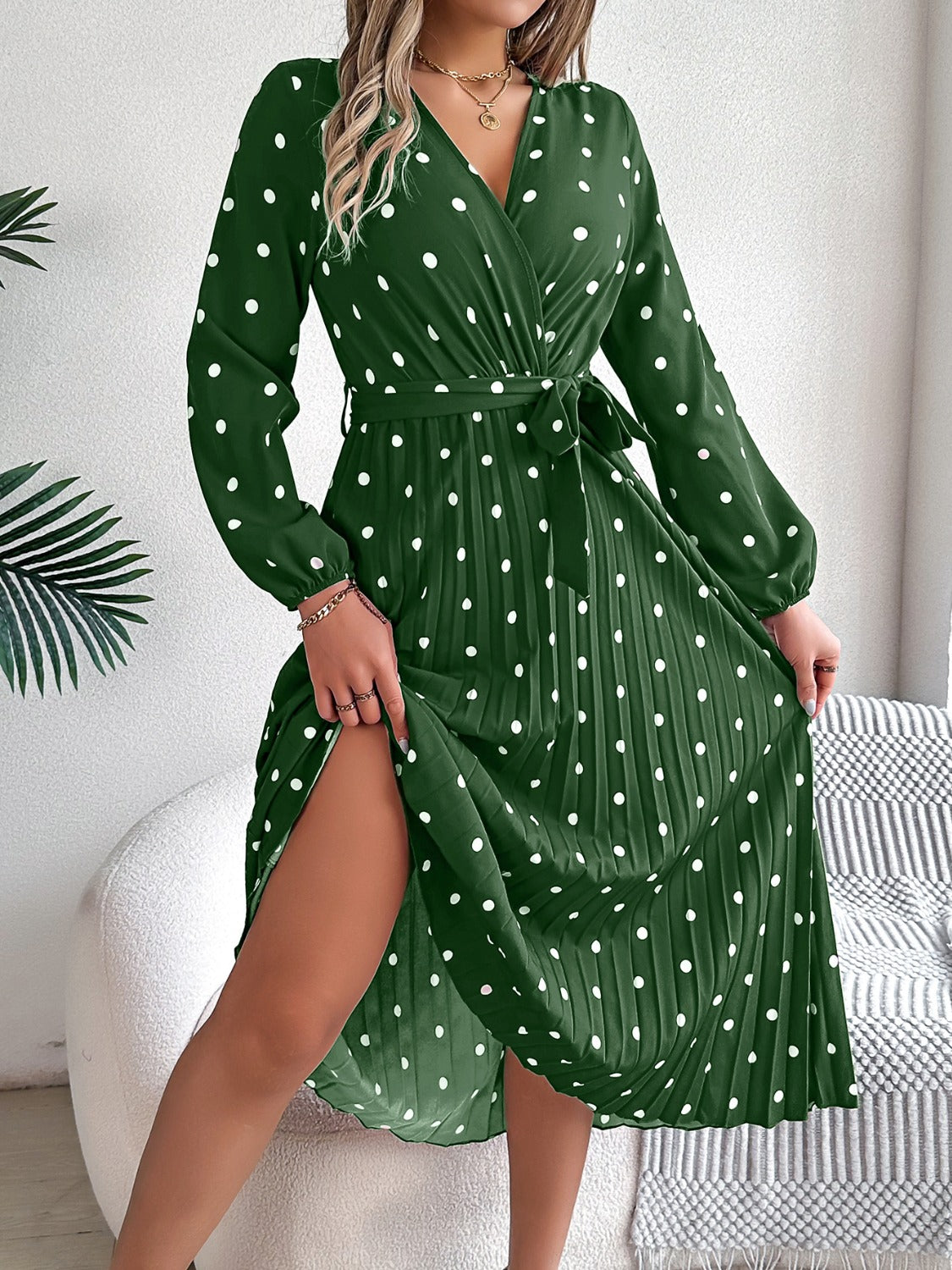 Tied Polka Dot Long Sleeve Midi Dress Trandify deal
